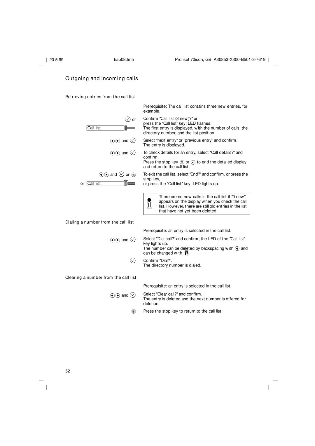 Siemens 70isdn Retrieving entries from the call list, Deletion, Press the stop key to return to the call list 