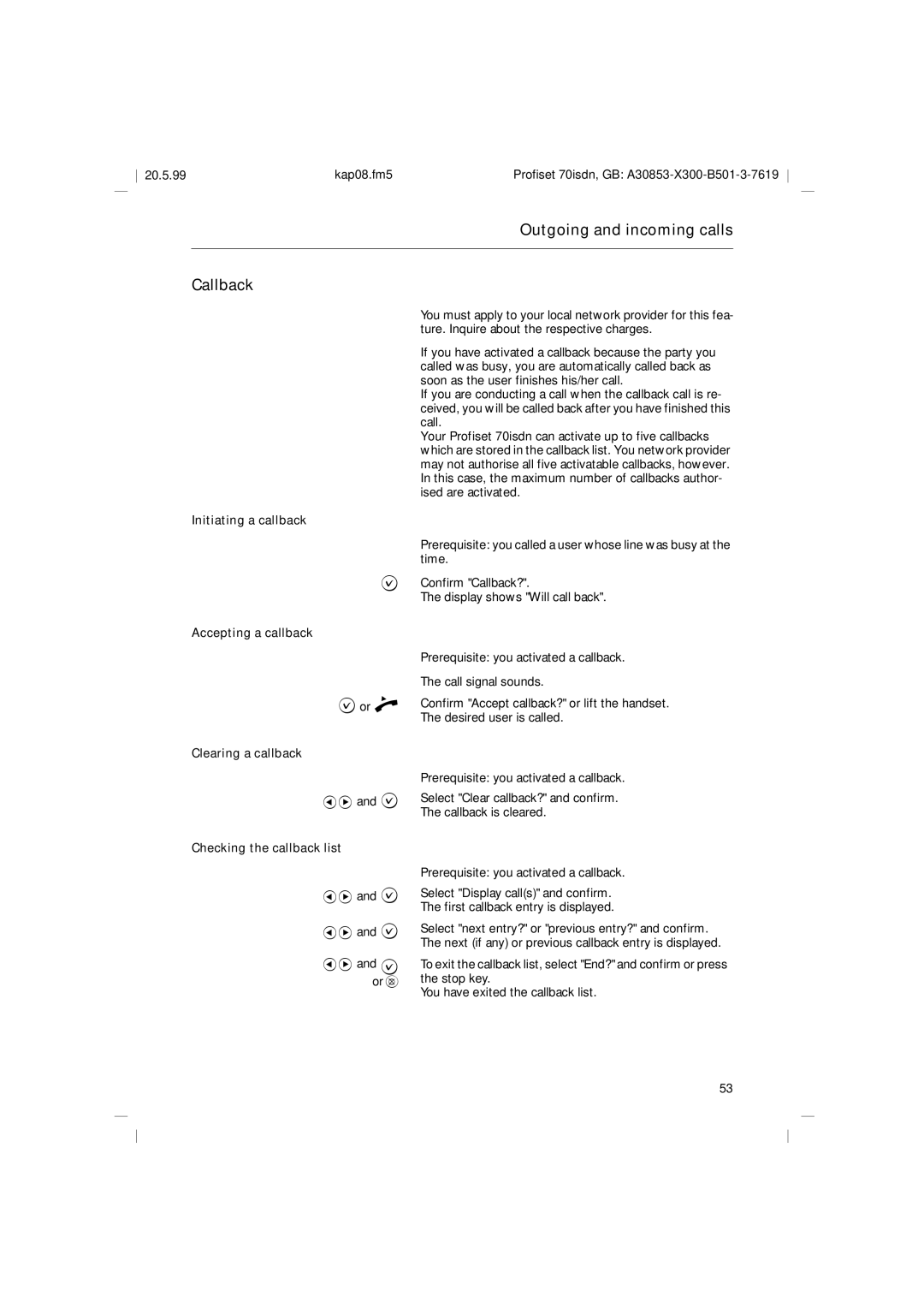 Siemens 70isdn Outgoing and incoming calls Callback, Initiating a callback, Accepting a callback, Clearing a callback 