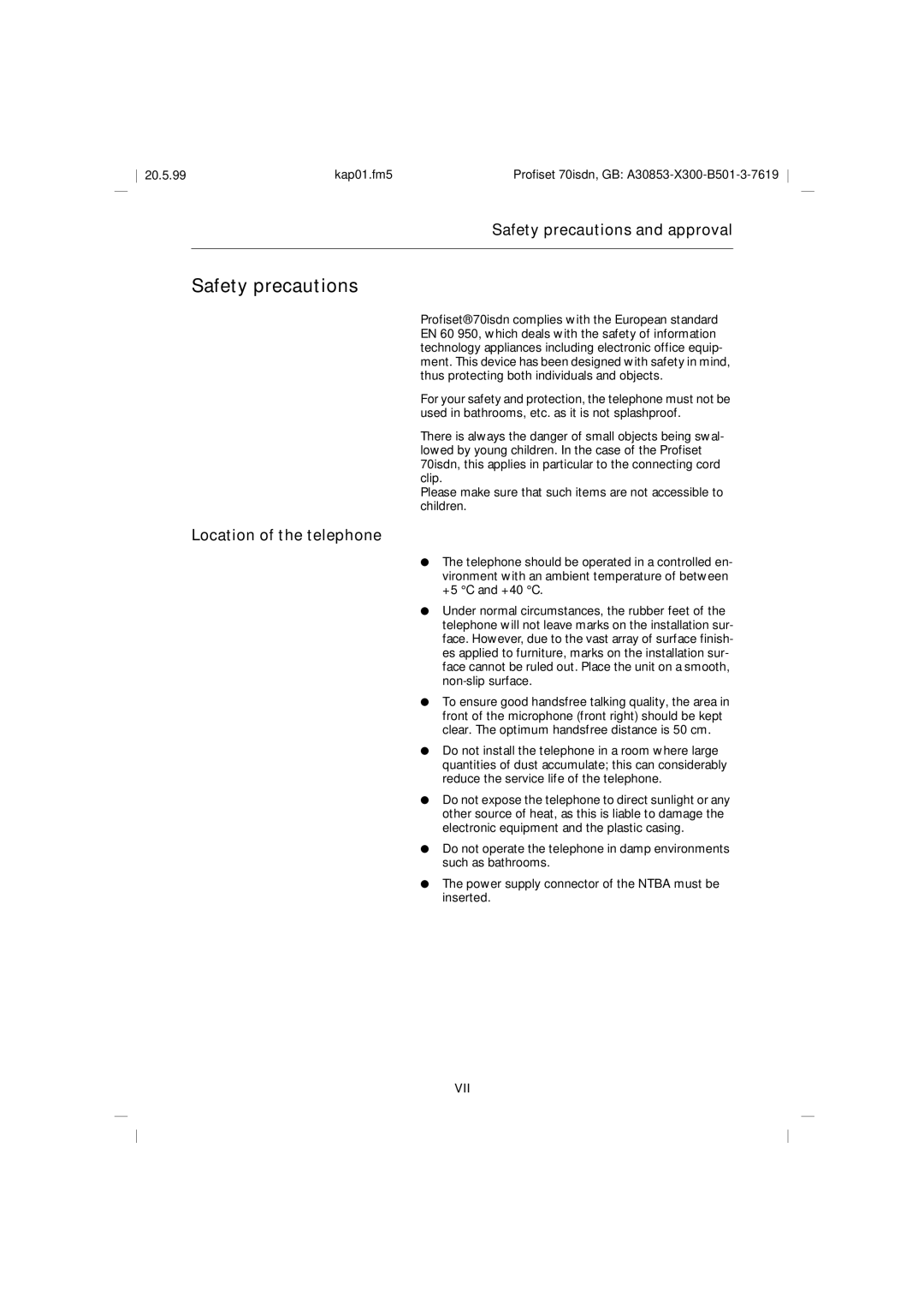 Siemens 70isdn operating instructions Safety precautions and approval, Location of the telephone, 20.5.99 Kap01.fm5 