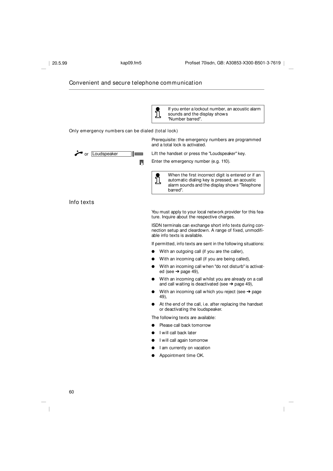 Siemens 70isdn operating instructions Info texts, Only emergency numbers can be dialed total lock 