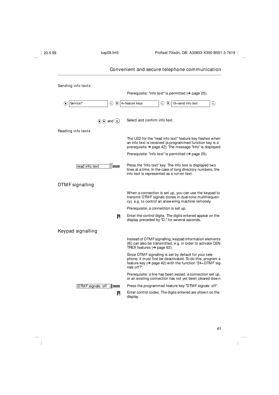 Siemens 70isdn operating instructions Dtmf signalling, Keypad signalling, Sending info texts, Reading info texts 