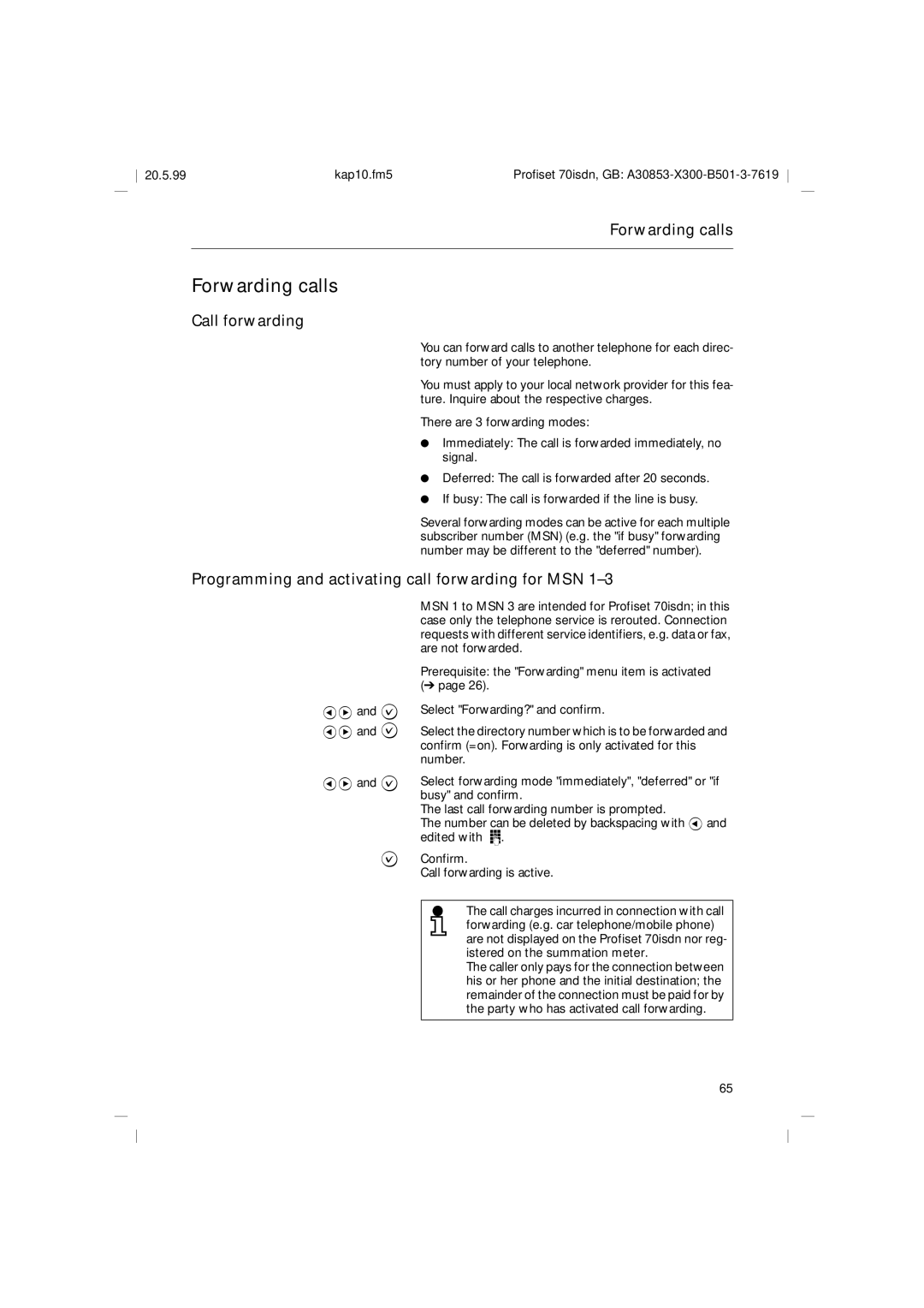 Siemens 70isdn operating instructions Forwarding calls, Call forwarding, Programming and activating call forwarding for MSN 