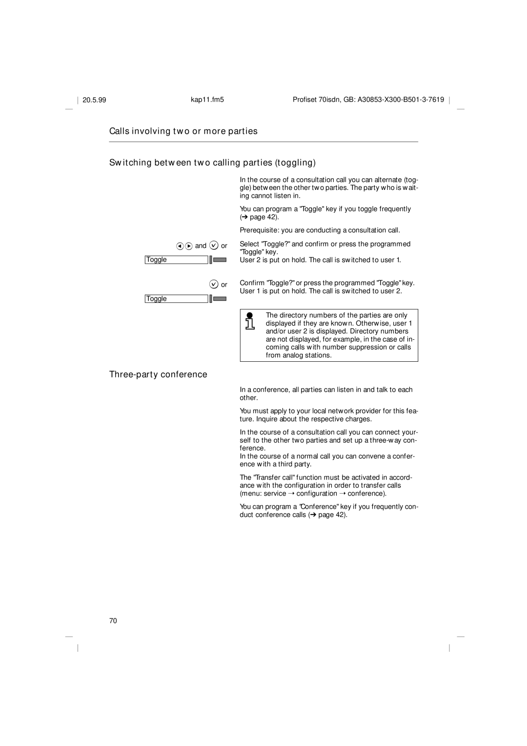 Siemens 70isdn operating instructions Three-party conference, ? or Toggle 