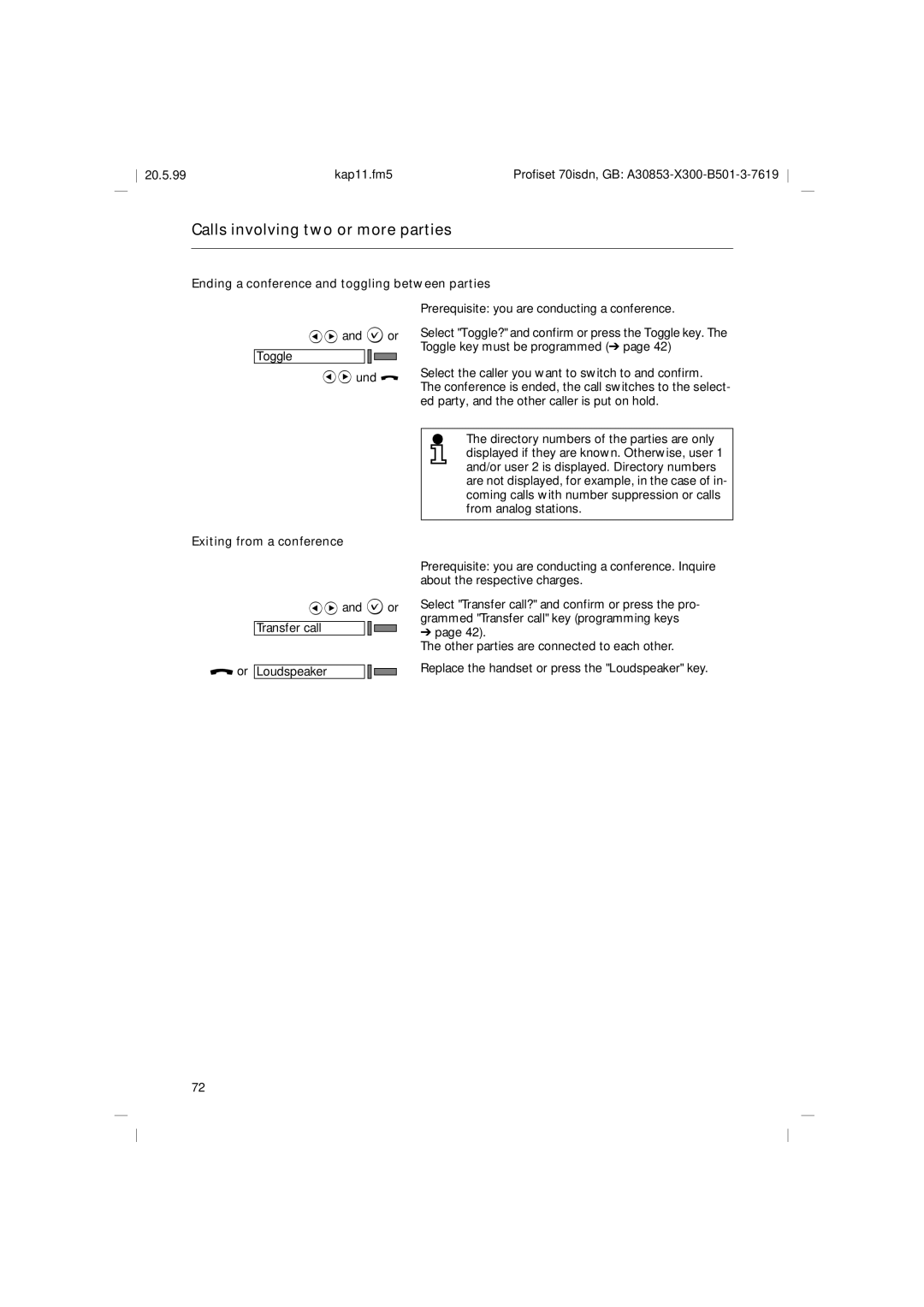 Siemens 70isdn operating instructions Ending a conference and toggling between parties, Exiting from a conference 