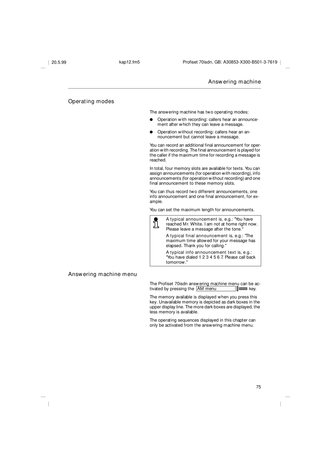 Siemens 70isdn Answering machine Operating modes, Answering machine menu, Answering machine has two operating modes 