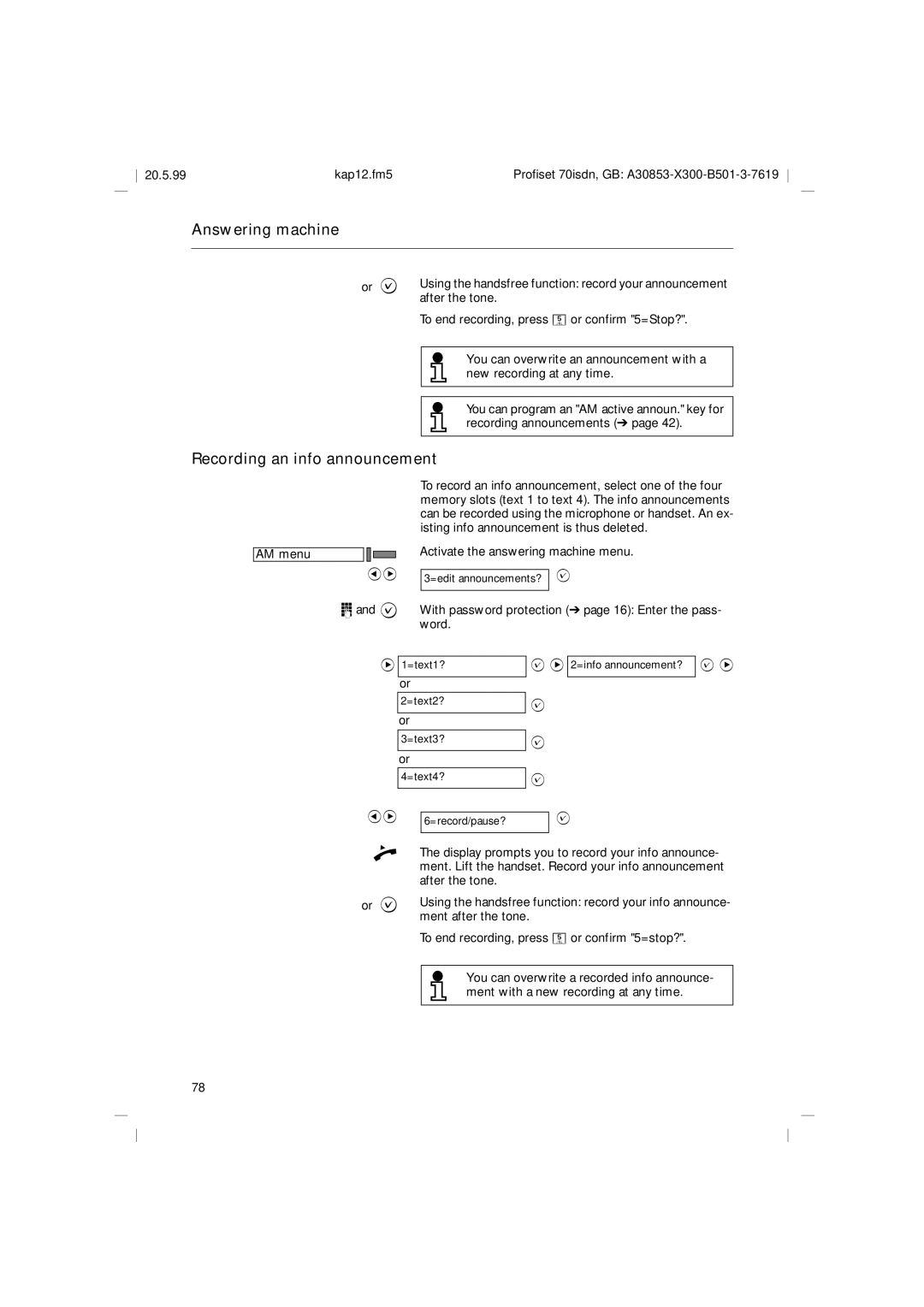 Siemens 70isdn operating instructions Recording an info announcement 