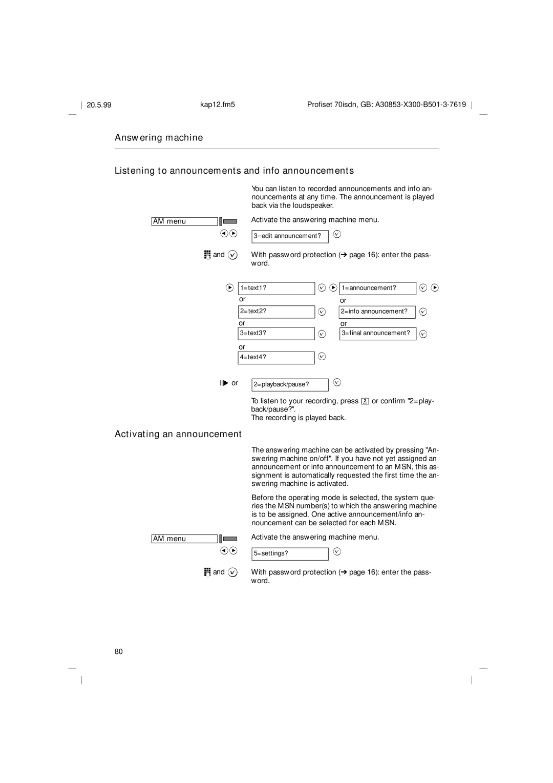 Siemens 70isdn operating instructions Activating an announcement 