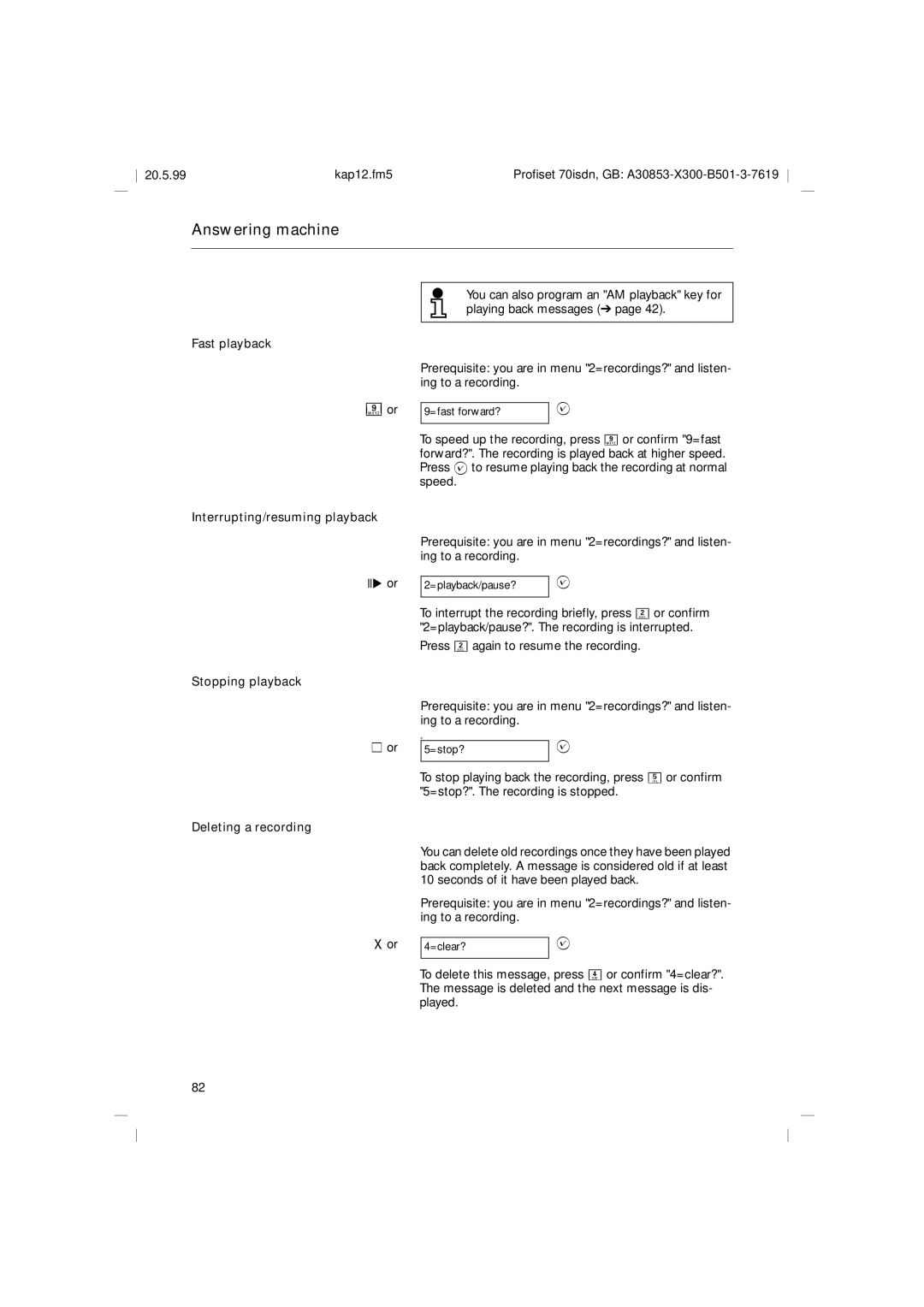 Siemens 70isdn Fast playback, Interrupting/resuming playback, Stopping playback, Deleting a recording 