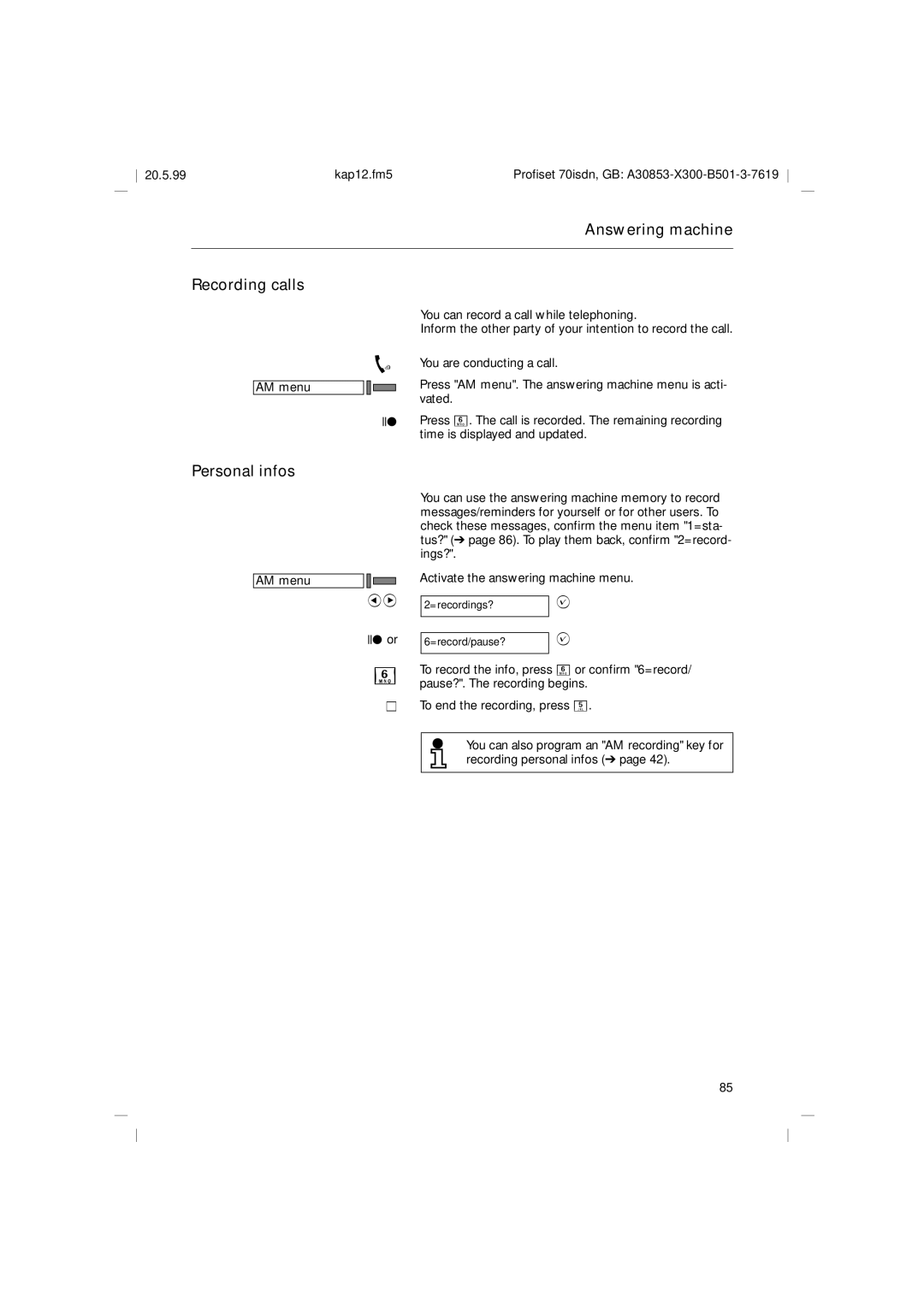 Siemens 70isdn operating instructions Answering machine Recording calls, Personal infos 