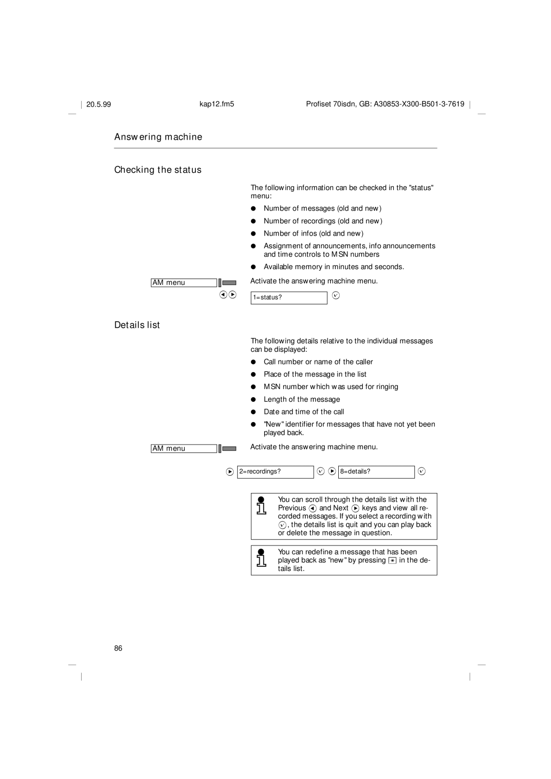 Siemens 70isdn operating instructions Answering machine Checking the status, Details list 