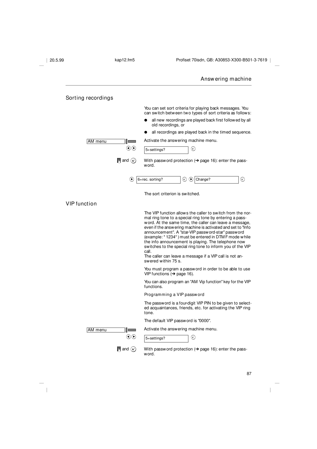 Siemens 70isdn operating instructions Answering machine Sorting recordings, VIP function, Programming a VIP password 