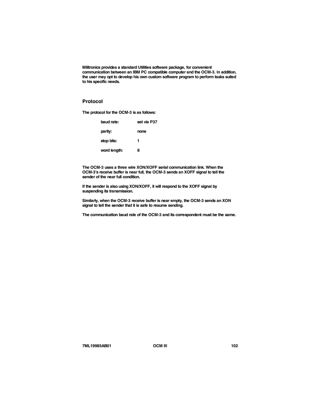 Siemens 7ML19985AB01 instruction manual Protocol for the OCM-3 is as follows Baud rate, 102 