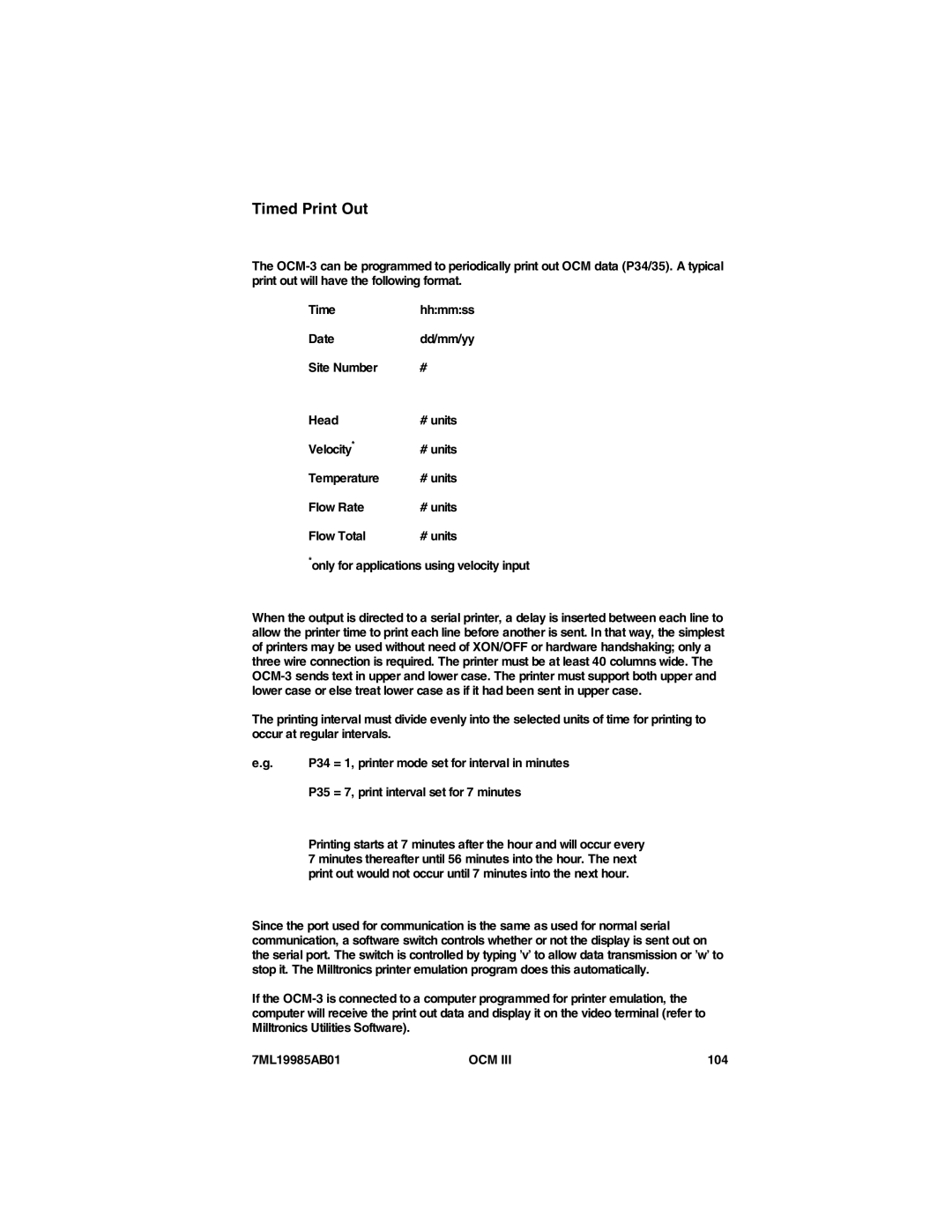 Siemens 7ML19985AB01 instruction manual Date, P35 = 7, print interval set for 7 minutes, 104 