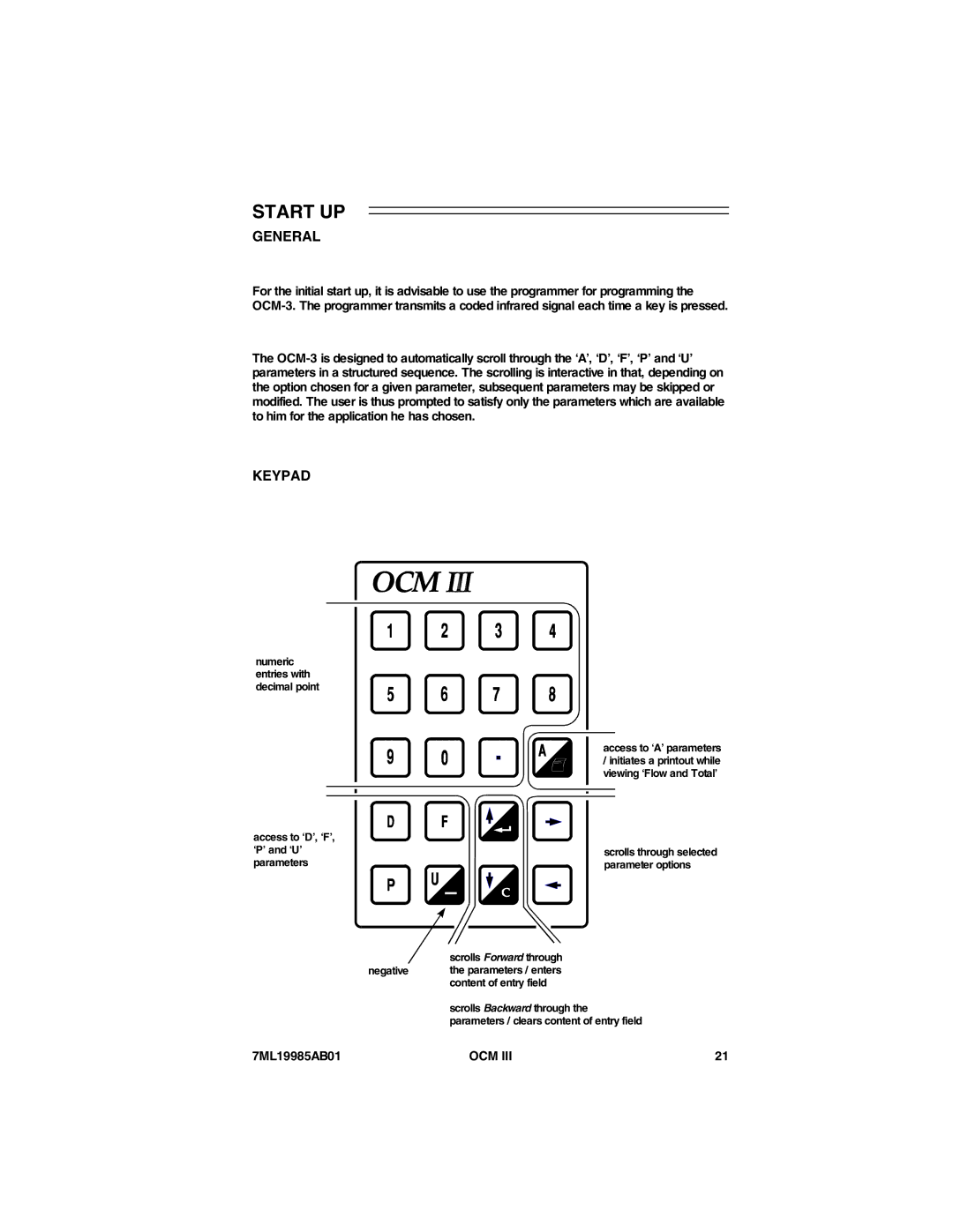 Siemens 7ML19985AB01 instruction manual Start UP, General, Keypad 