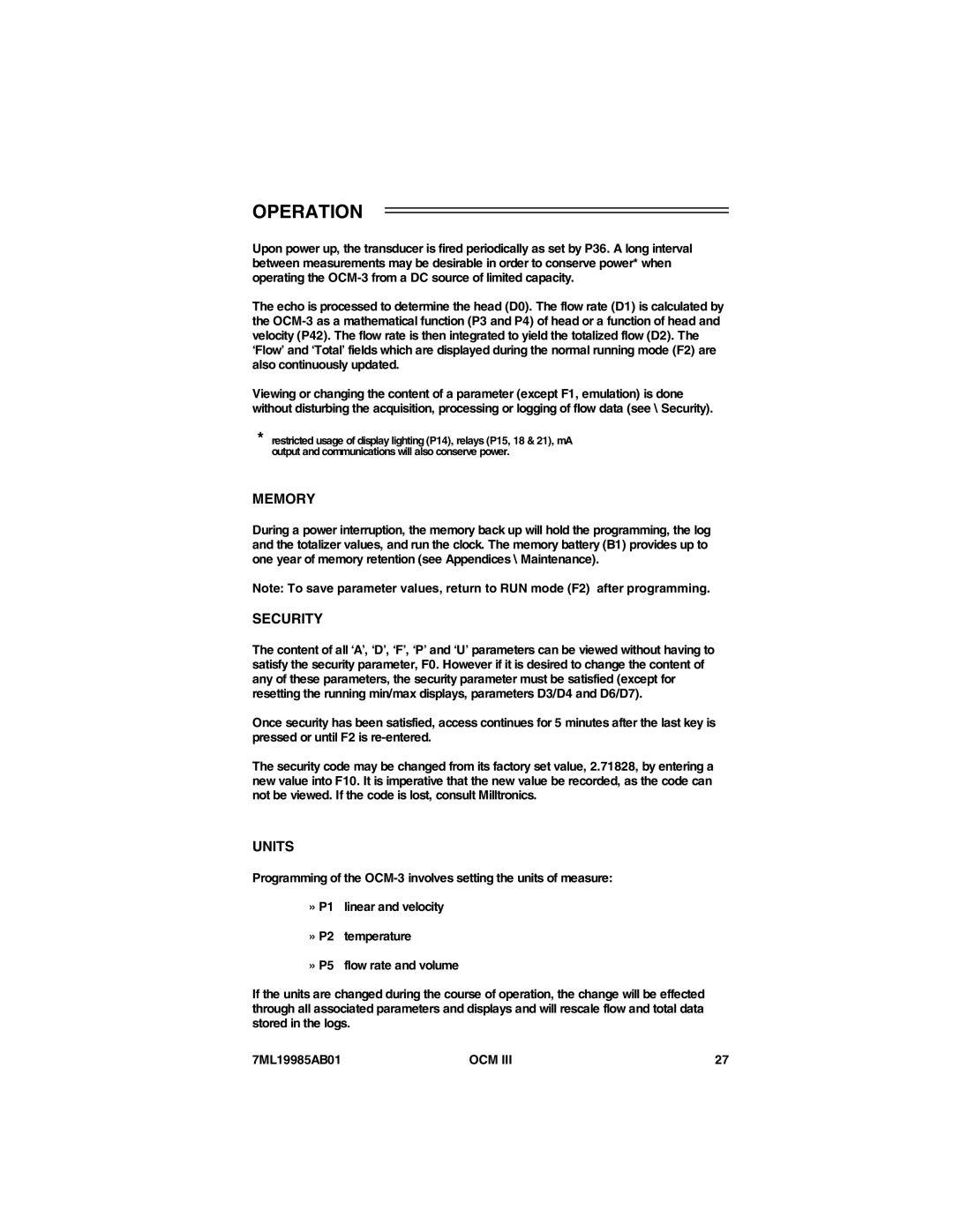 Siemens 7ML19985AB01 instruction manual Operation, Memory, Security, Units 