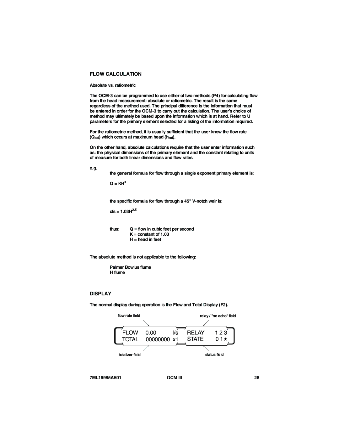 Siemens 7ML19985AB01 instruction manual Flow Calculation, Display, Absolute vs. ratiometric, = constant, = head in feet 