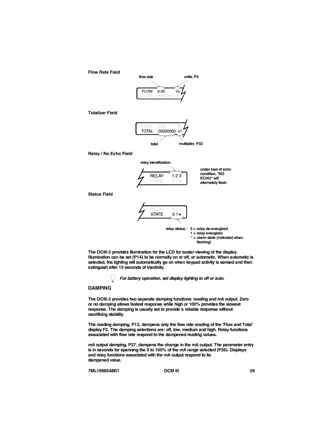 Siemens 7ML19985AB01 instruction manual Damping, For battery operation, set display lighting to off or auto 