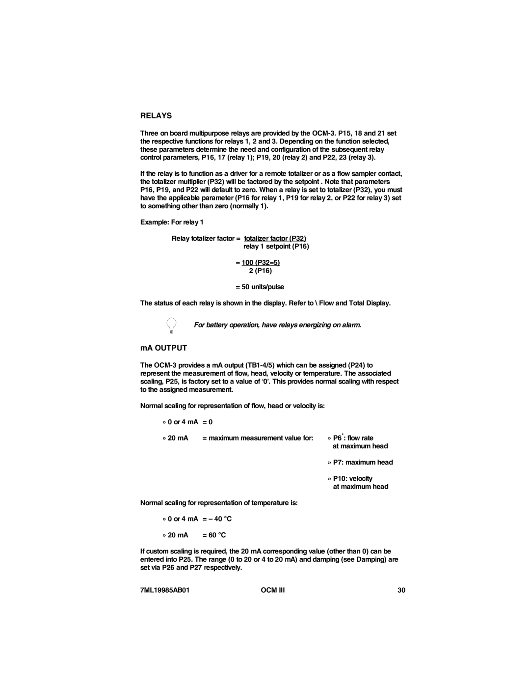 Siemens 7ML19985AB01 Example For relay, For battery operation, have relays energizing on alarm, » 20 mA, » P6 * flow rate 