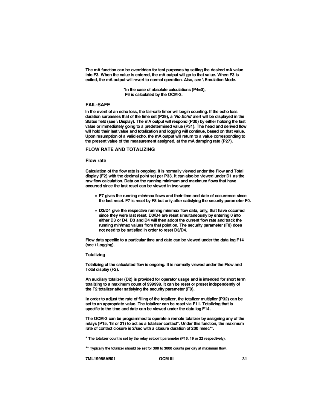 Siemens 7ML19985AB01 instruction manual Fail-Safe, Flow Rate and Totalizing, Flow rate 