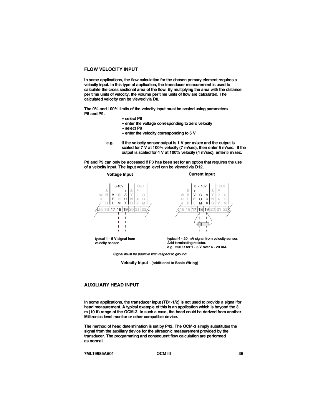 Siemens Flow Velocity Input, Auxiliary Head Input, Voltage Input Current Input, As normal 7ML19985AB01 