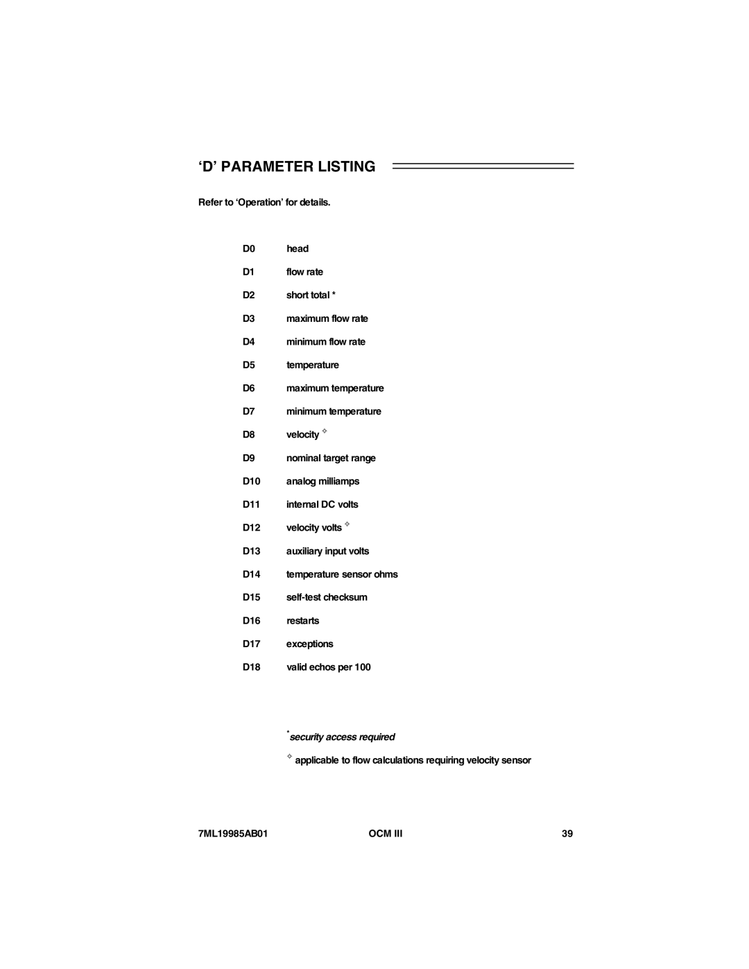 Siemens 7ML19985AB01 instruction manual ‘D’ Parameter Listing, Velocity, Nominal target range, Security access required 