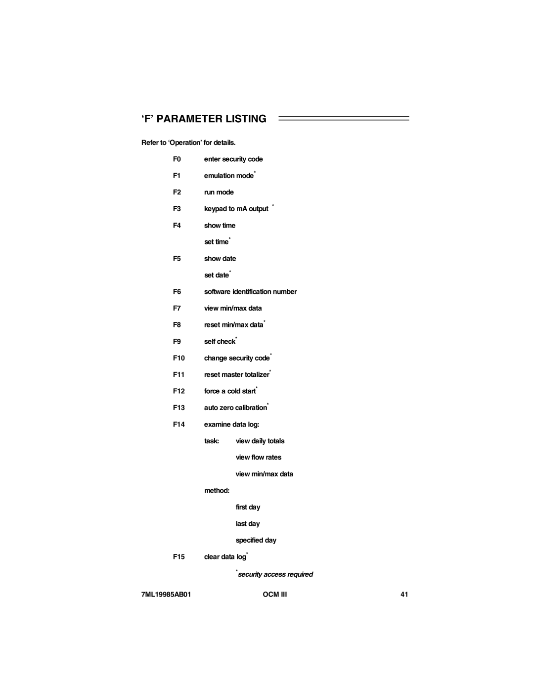 Siemens 7ML19985AB01 instruction manual ‘F’ Parameter Listing, Enter security code Emulation mode, Keypad to mA output 