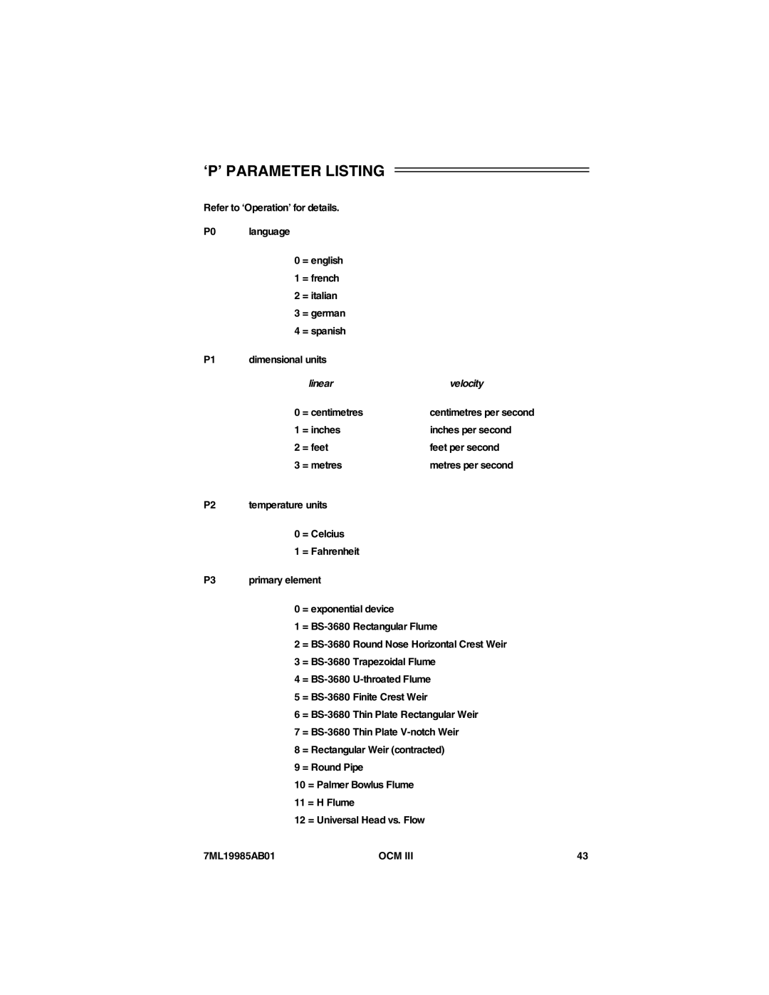 Siemens 7ML19985AB01 instruction manual ‘P’ Parameter Listing, Linear Velocity, = centimetres 