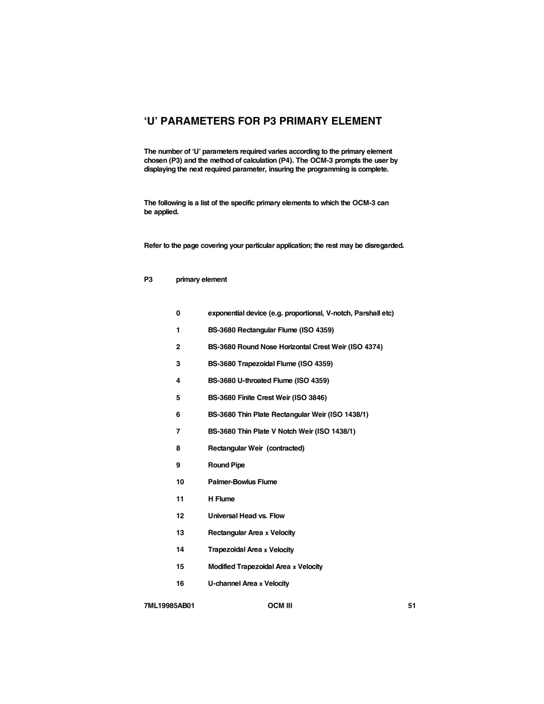 Siemens 7ML19985AB01 instruction manual ‘U’ Parameters for P3 Primary Element 