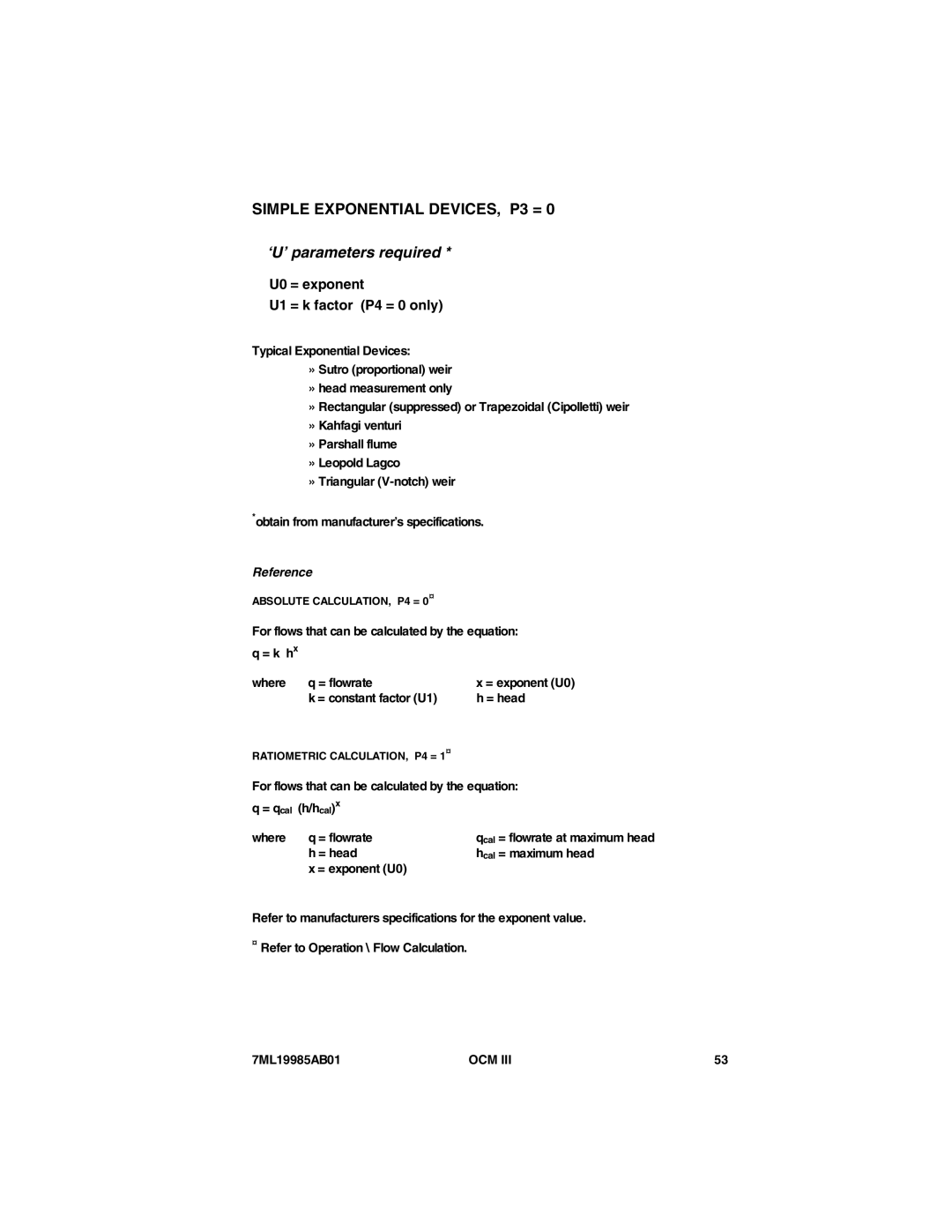 Siemens 7ML19985AB01 instruction manual U0 = exponent U1 = k factor P4 = 0 only, Reference, = constant factor U1 = head 