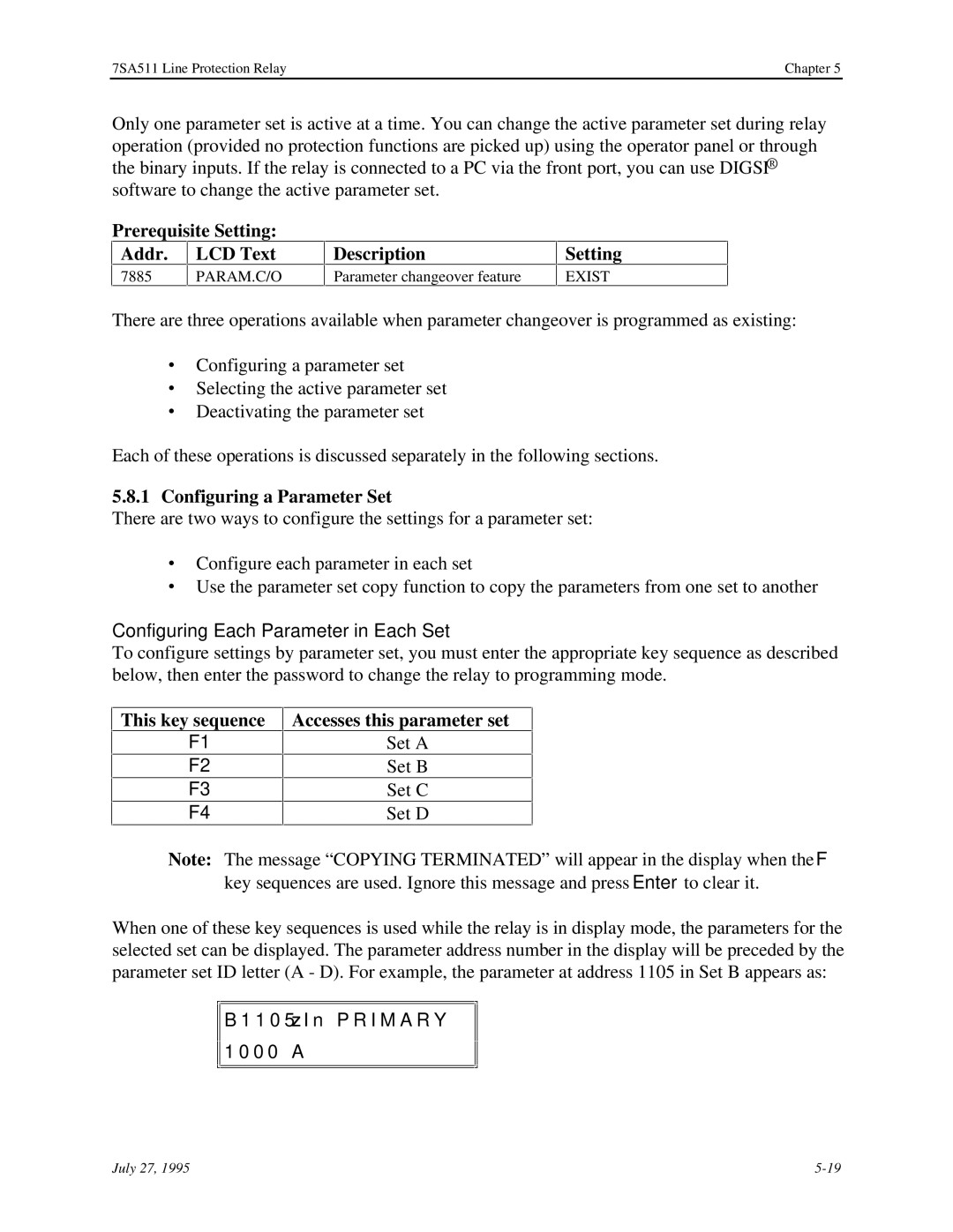 Siemens 7SA511 Configuring a Parameter Set, Configuring Each Parameter in Each Set, Accesses this parameter set, Param.C/O 