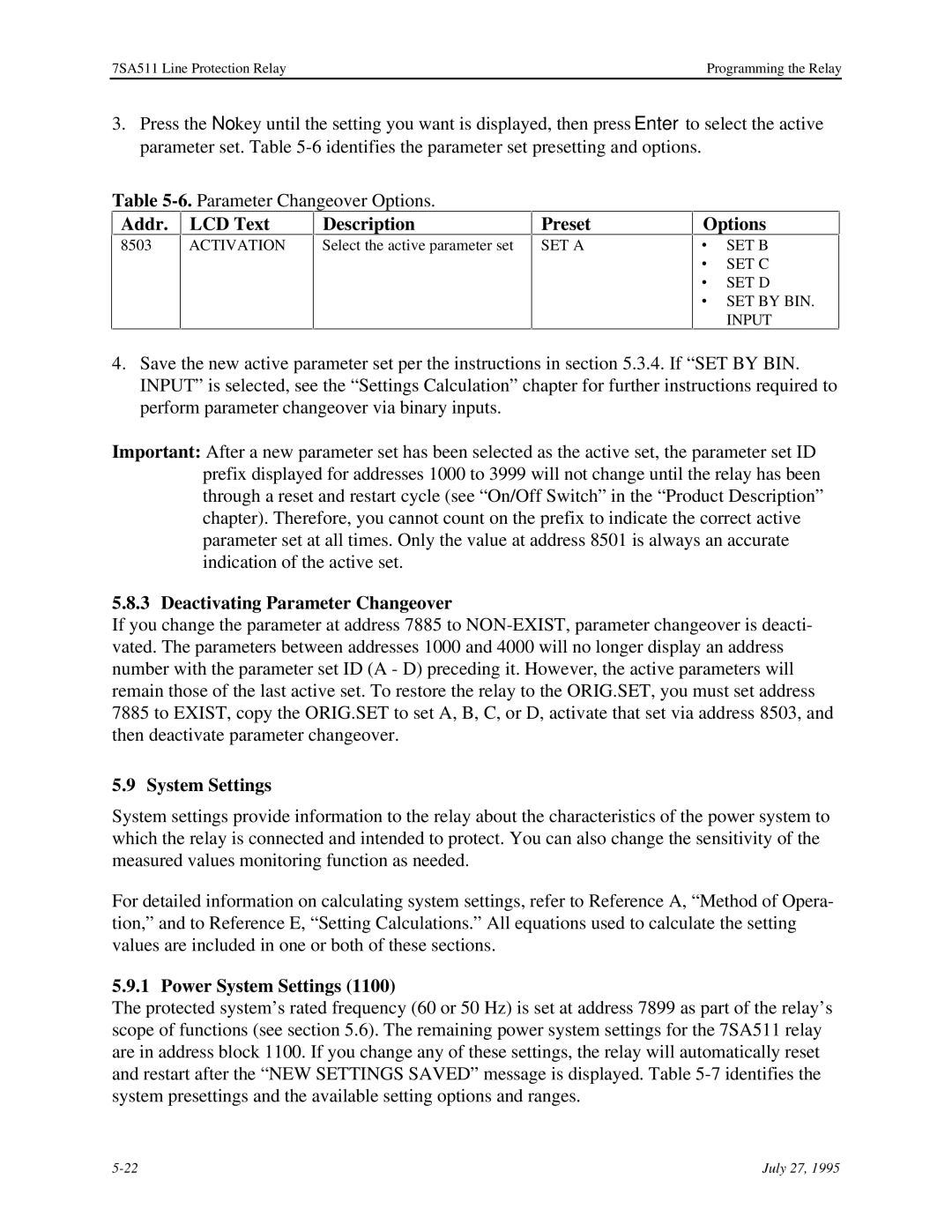 Siemens 7SA511 manual Deactivating Parameter Changeover, Power System Settings 