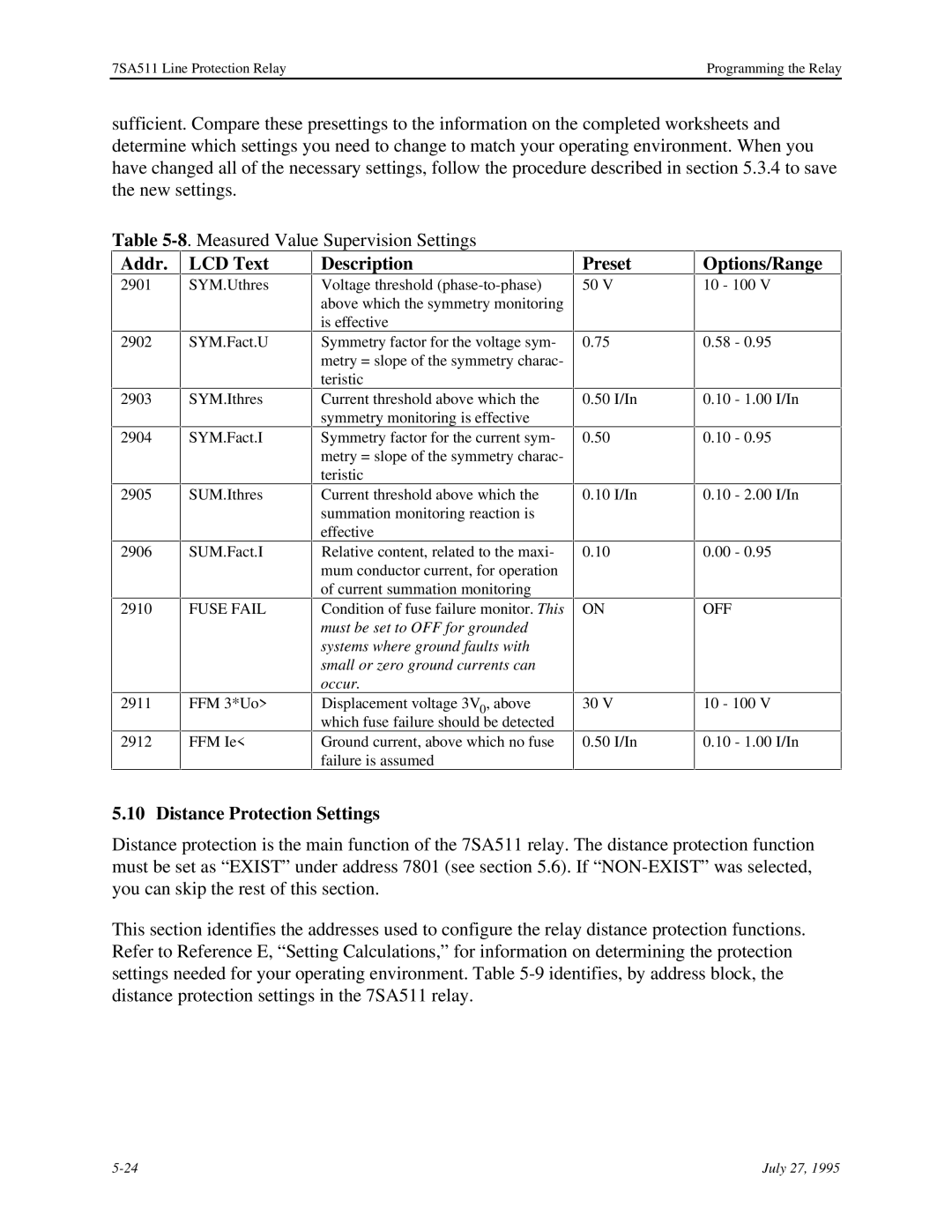 Siemens 7SA511 manual Distance Protection Settings, Fuse Fail 