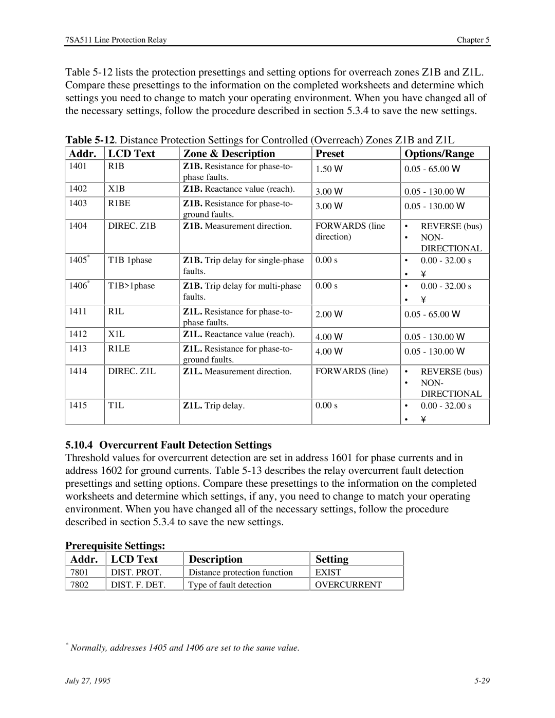 Siemens 7SA511 manual Zone & Description, Overcurrent Fault Detection Settings, Prerequisite Settings Addr. LCD Text 