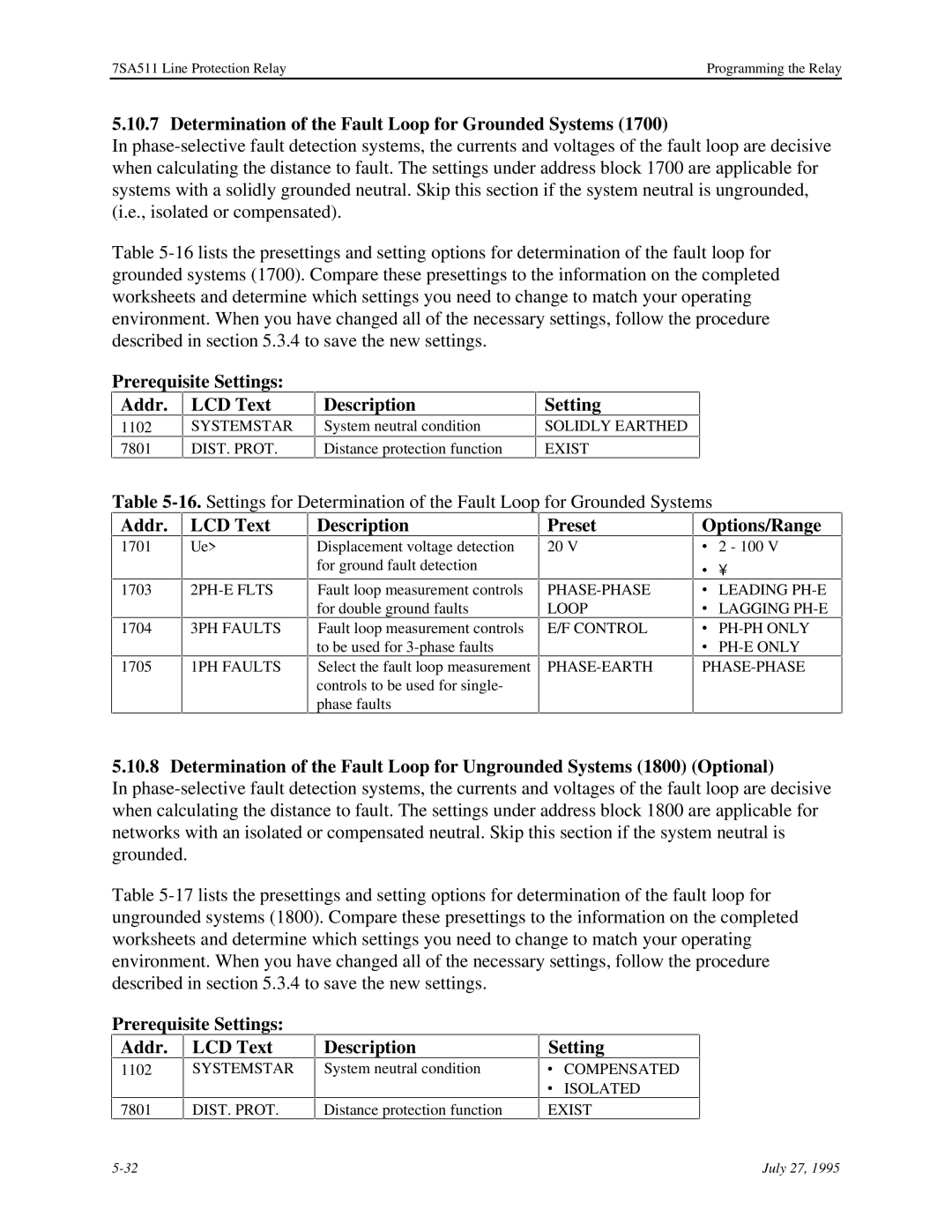 Siemens 7SA511 manual Determination of the Fault Loop for Grounded Systems, LCD Text Description, Preset Options/Range 