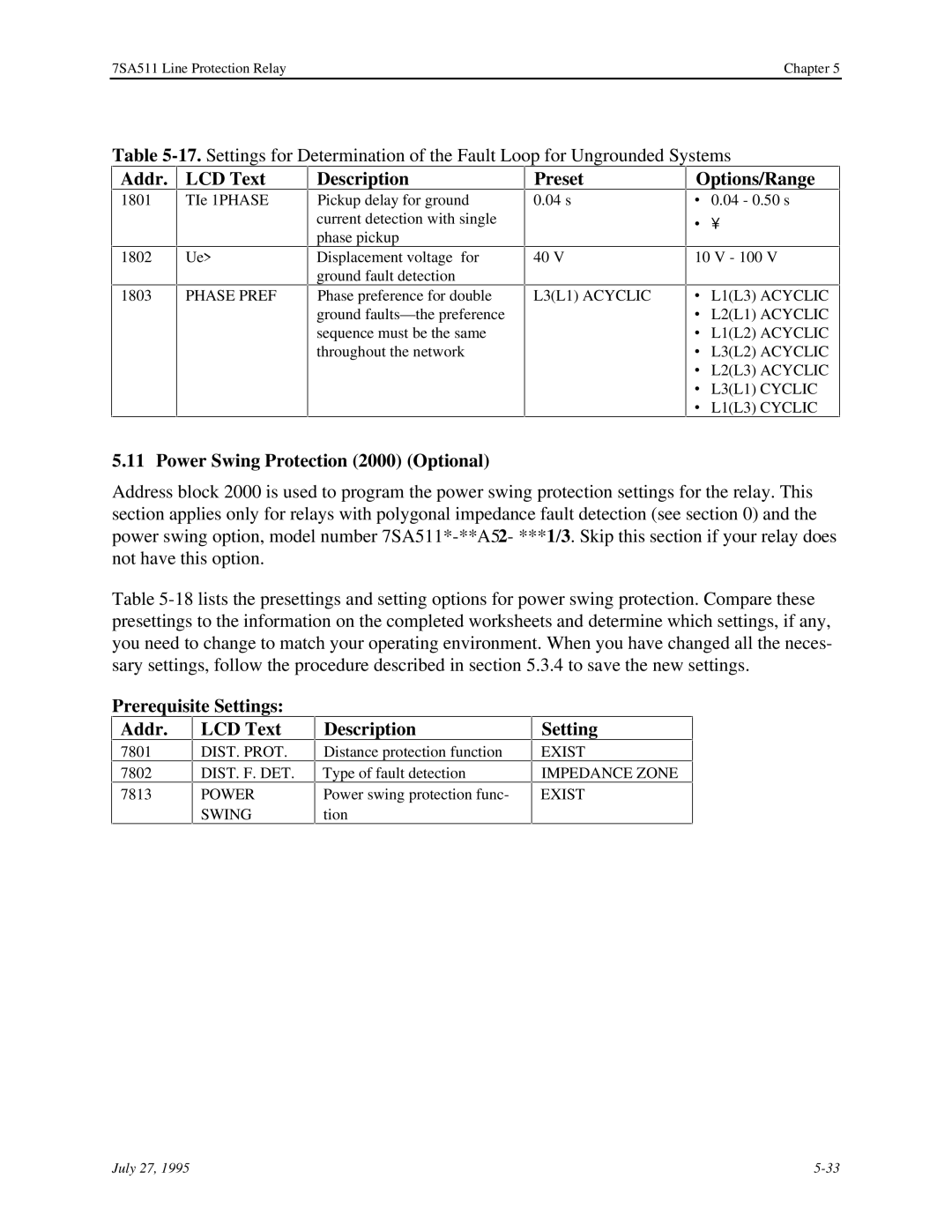 Siemens 7SA511 manual Power Swing Protection 2000 Optional, Phase Pref, L3L1 Acyclic, Exist Impedance Zone Exist 