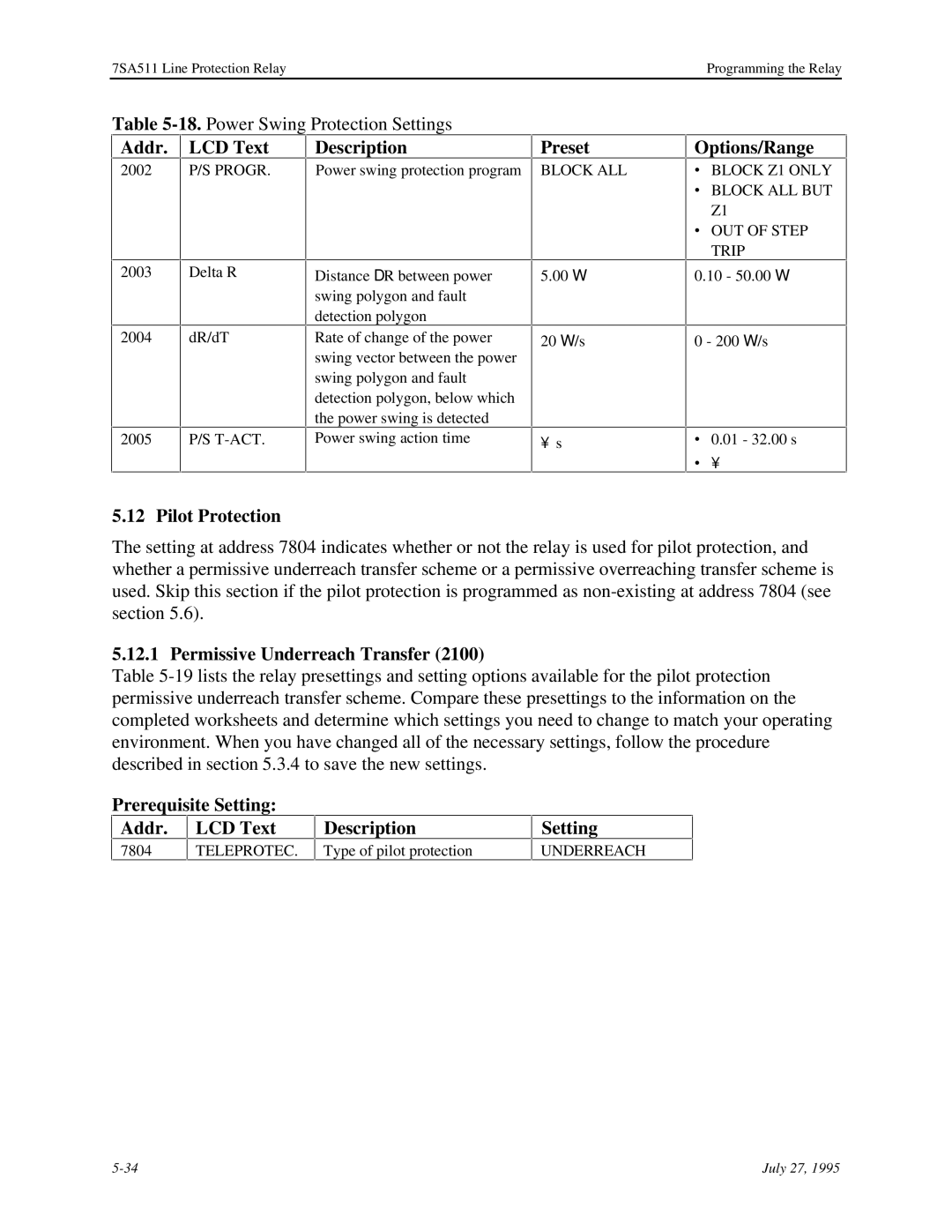 Siemens 7SA511 manual Addr LCD Text Description Preset, Permissive Underreach Transfer 