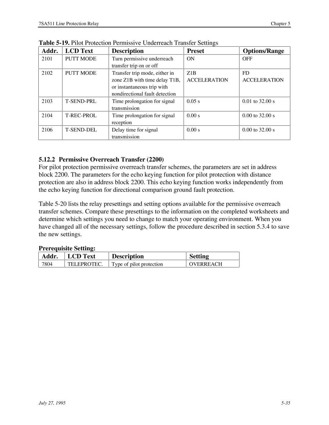 Siemens 7SA511 Permissive Overreach Transfer, Putt Mode SEND-PRL REC-PROL SEND-DEL, Z1B Acceleration, OFF FD Acceleration 