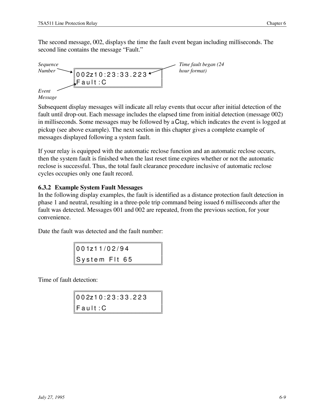 Siemens manual Example Sys em Fault Messages, 7SA511 Line Protection Re ay Chapter 