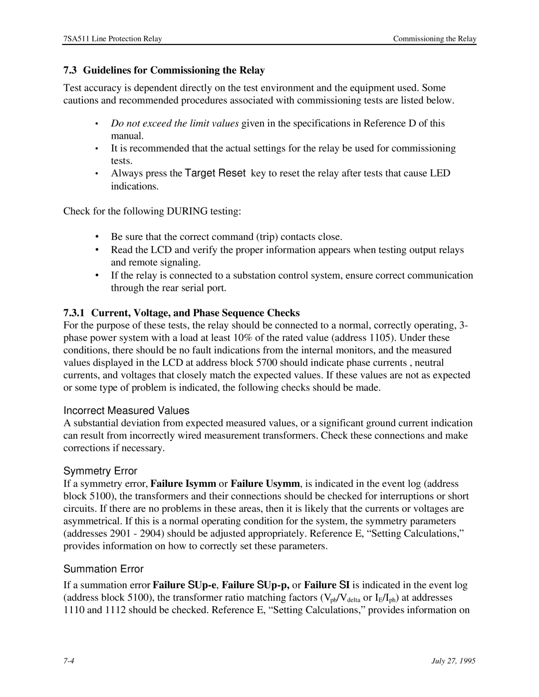 Siemens 7SA511 manual Guidelines for Commissioning the Relay, Current, Voltage, and Phase Sequence Checks, Symmetry Error 