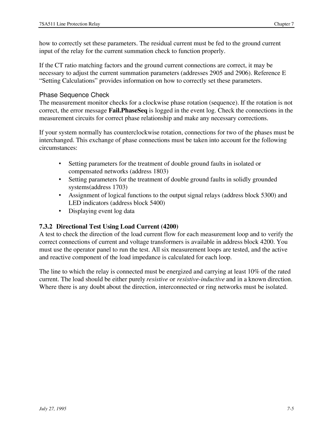 Siemens 7SA511 manual Phase Sequence Check, Directional Test Using Load Current 
