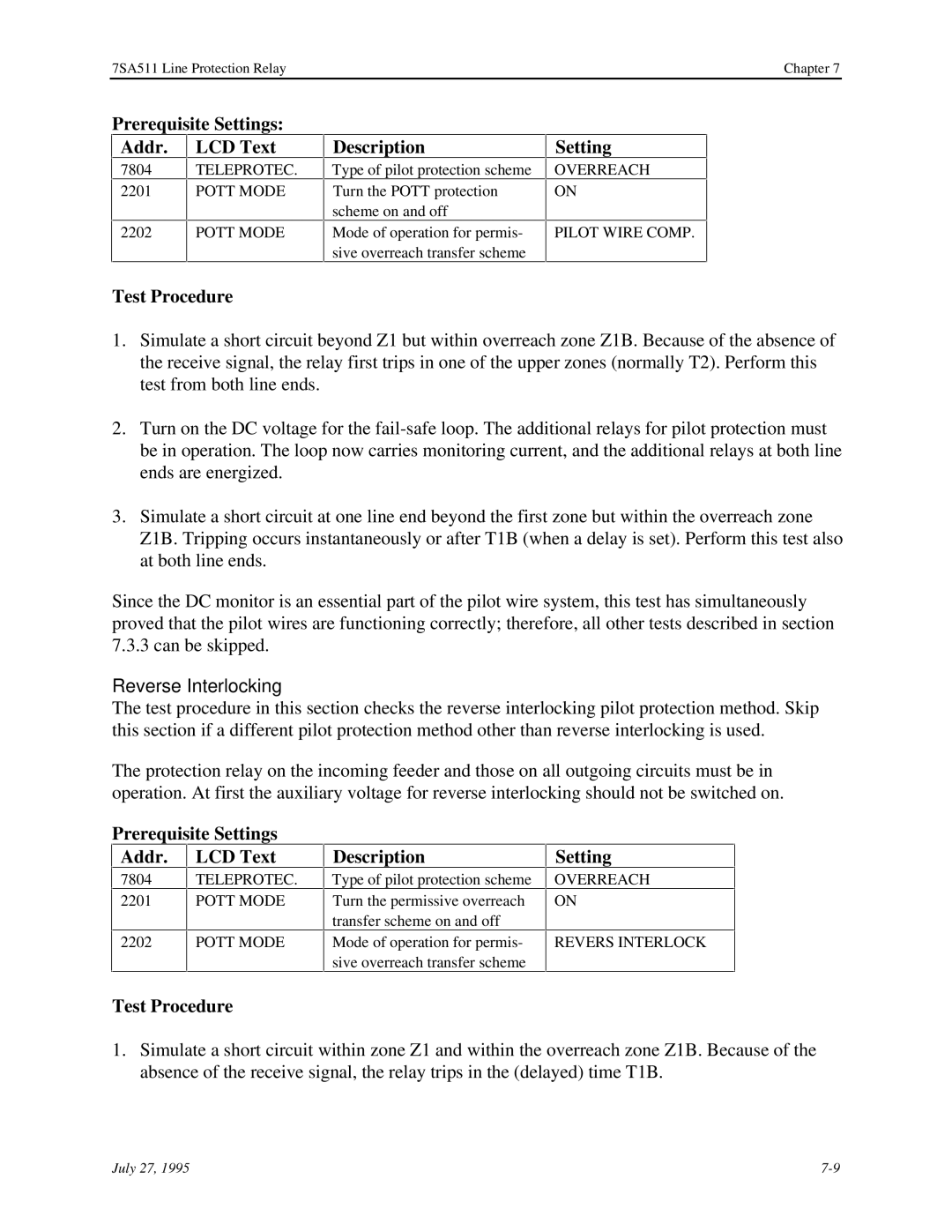 Siemens 7SA511 manual Reverse Interlocking, Teleprotec Pott Mode, Overreach Pilot Wire Comp, Overreach Revers Interlock 