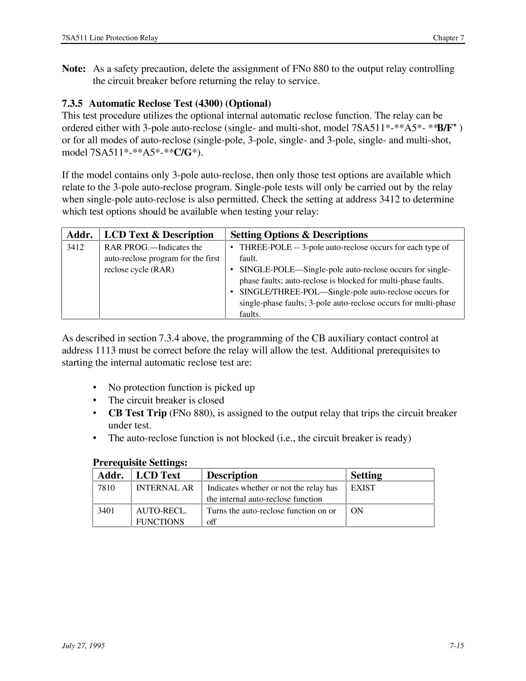 Siemens 7SA511 Automatic Reclose Test 4300 Optional, LCD Text & Description, Setting Options & Descriptions, Auto-Recl 