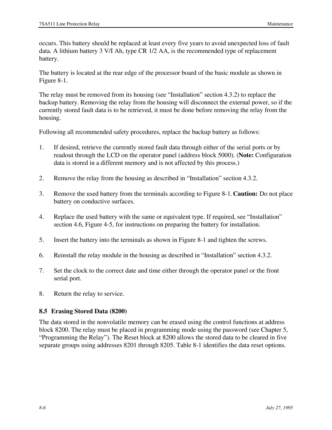 Siemens 7SA511 manual Erasing Stored Data 