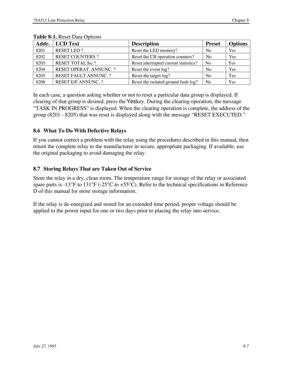 Siemens 7SA511 manual Preset Options, What To Do With Defective Relays, Storing Relays That are Taken Out of Service 