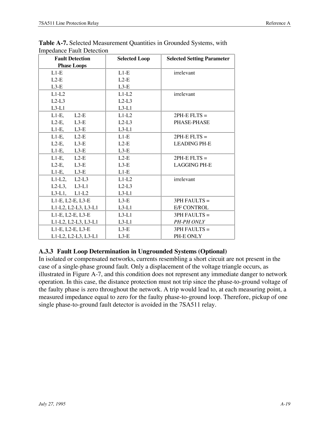 Siemens 7SA511 Fault Loop Determination in Ungrounded Systems Optional, 2PH-E Flts = PHASE-PHASE Leading PH-E Lagging PH-E 