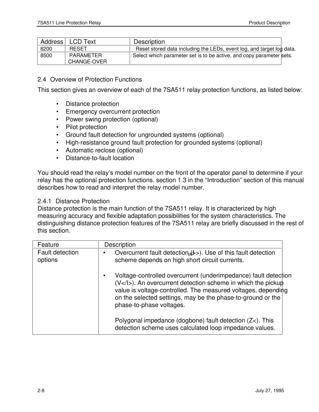 Siemens 7SA511 manual Overview of Protection Functions, Distance Protection, Feature, Fault detection options, Description 