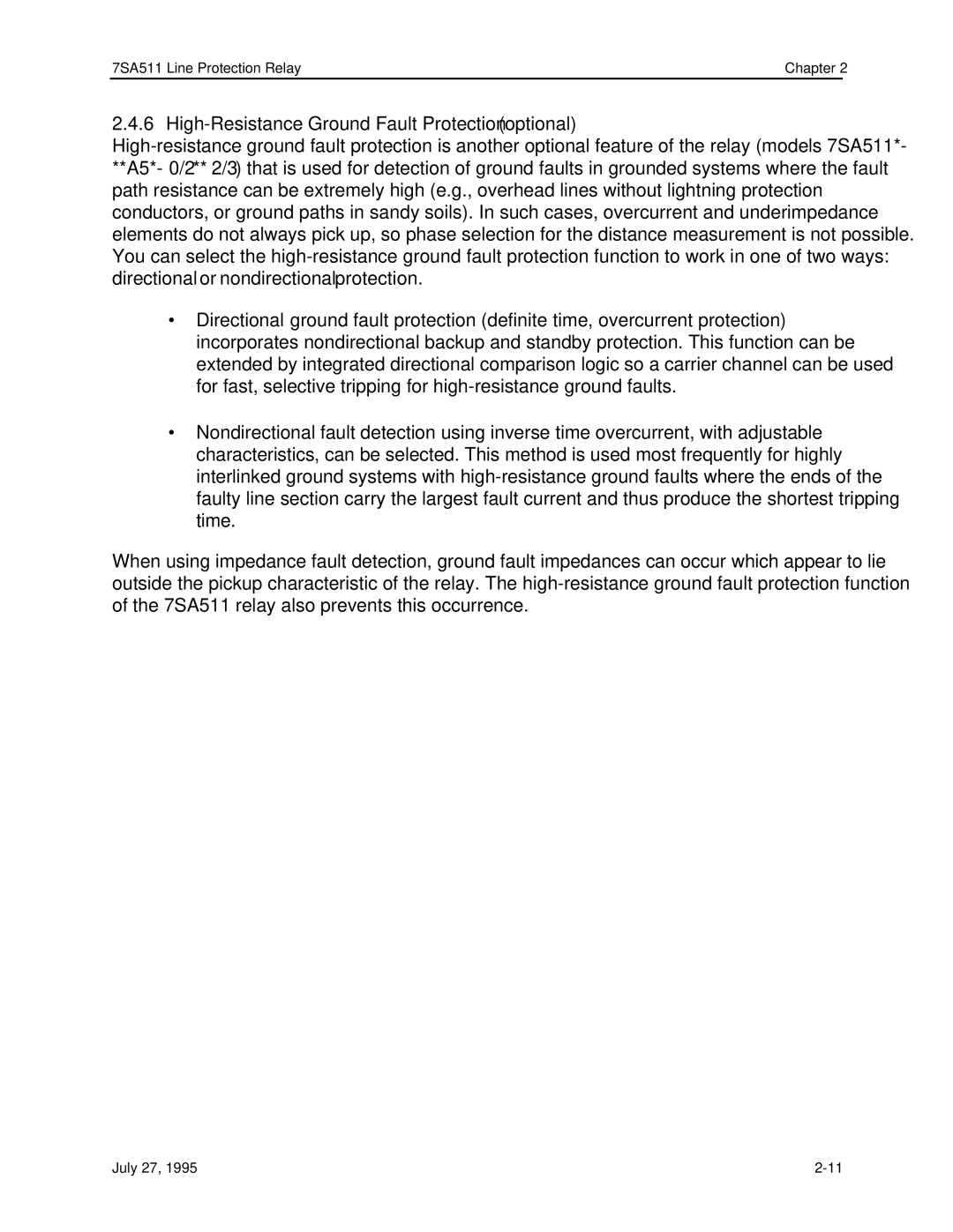 Siemens 7SA511 manual High-Resistance Ground Fault Protection optional 