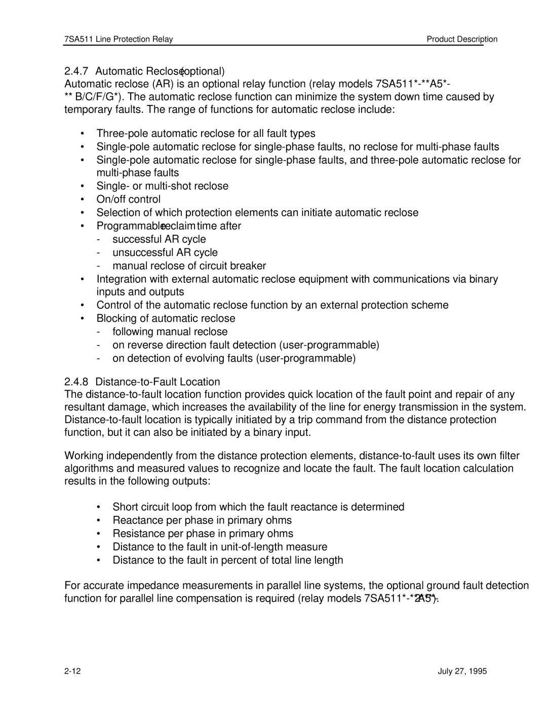 Siemens 7SA511 manual Automatic Reclose optional, Distance-to-Fault Location 