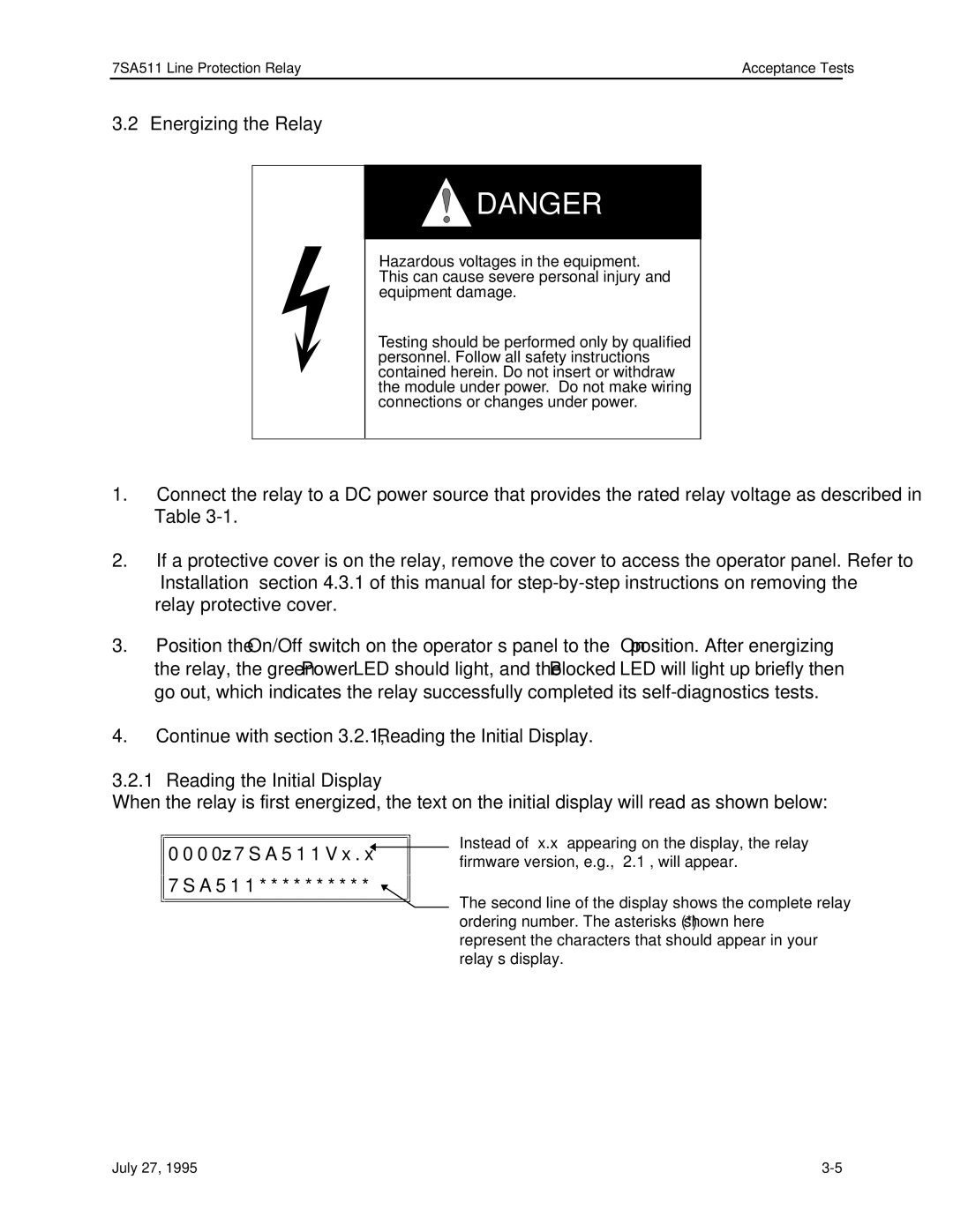 Siemens 7SA511 manual Energizing the Relay, Reading the Initial Display 