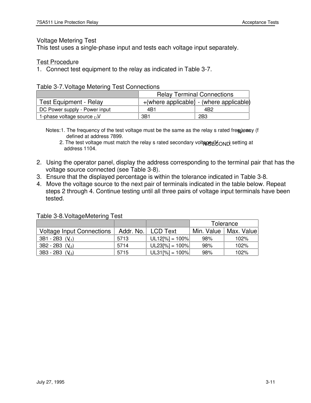 Siemens 7SA511 manual Voltage Metering Test, Voltage Input Connections Addr. No LCD Text, Tolerance 